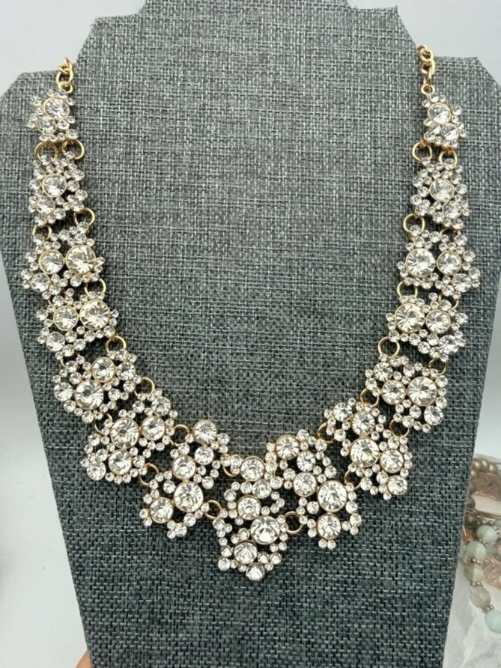Gold Tone Clear Rhinestone Statement Bib Necklace 20” Glam Bling